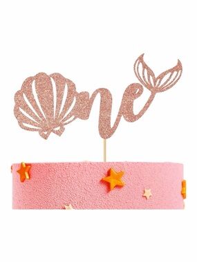Mermaid Theme Rose Gold Glitter One Cake Topper Set of 2